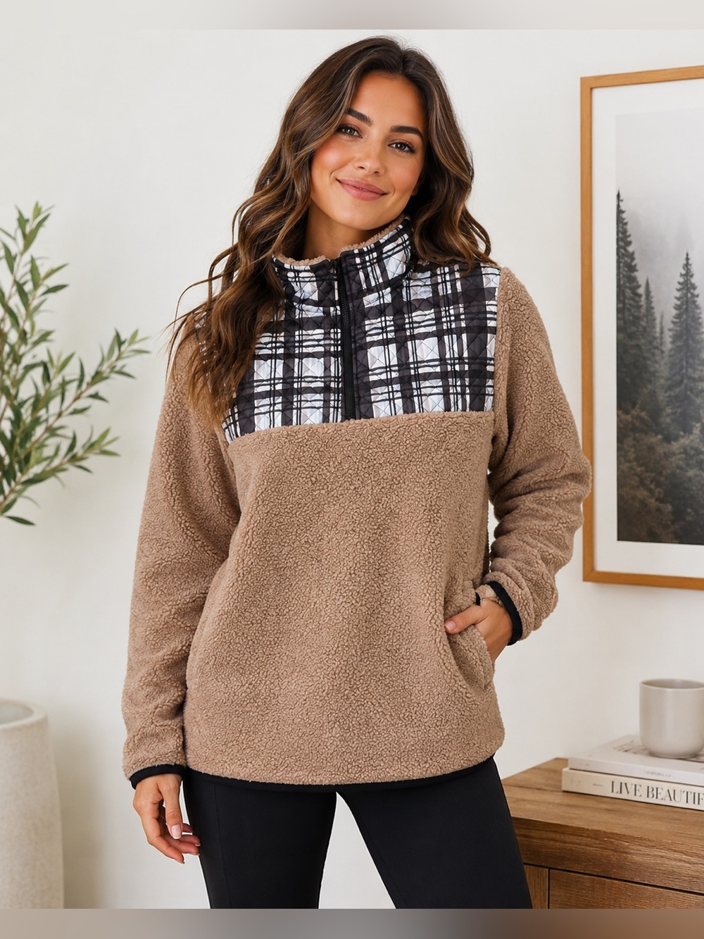 Vera‎ Bradley Quilted Snowy Plaid Sherpa Fleece 1/4-Zip Pullover Womens Sz S/M